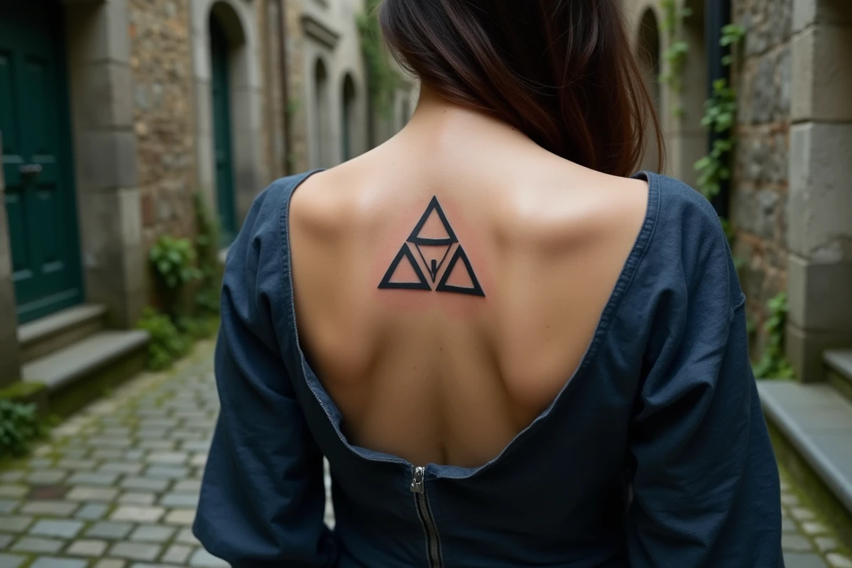 Gros plan d'un tatouage trois triangles en fineline sur le haut du dos, pris dans une cour pavée avec des murs en pierre recouverts de lierre