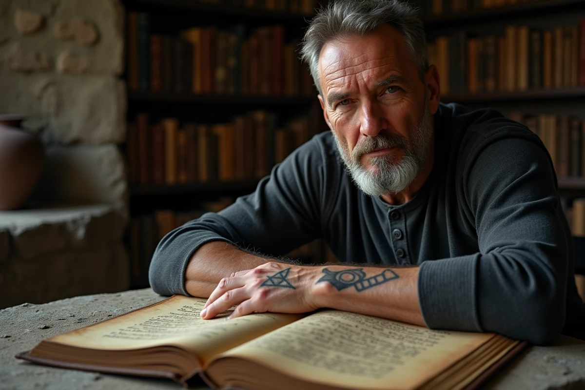 Main d'un homme tatoué de trois triangles géométriques posée sur un manuscrit ancien dans une bibliothèque antiquaire en pierre