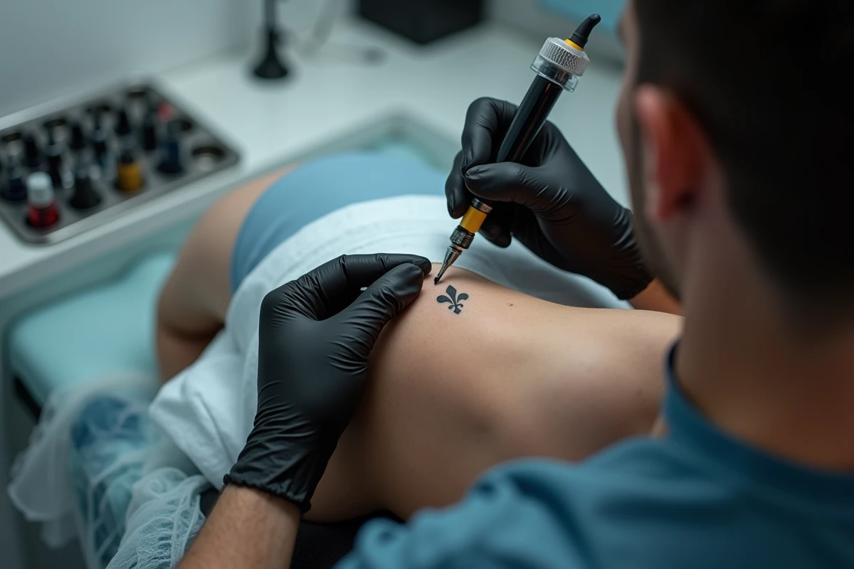 Tatoueur réalisant un tatouage fleur de lys minimaliste sur l'omoplate d'un client en studio