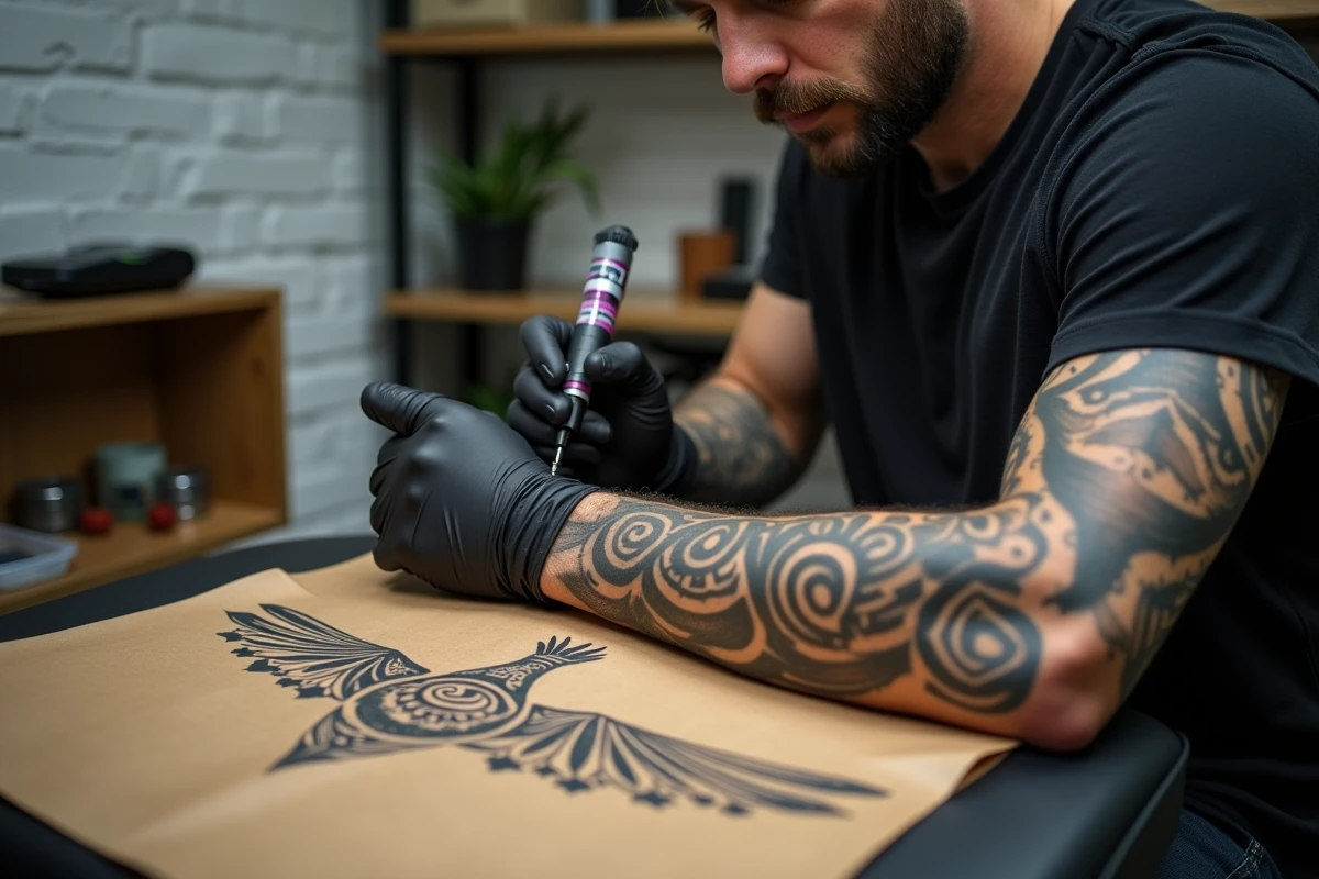 Gros plan sur les mains d'un tatoueur réalisant un tatouage maori aux motifs kowhaiwhai sur le bras d'un client dans un studio moderne