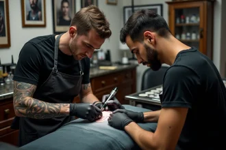 Tatoueur professionnel réalisant un portrait réaliste sur l'avant-bras d'un client dans un salon de tatouage à Toulouse