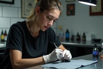 Tatoueuse concentrée préparant une aiguille dans un studio propre