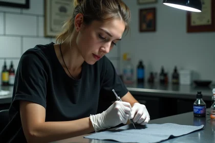 Tatoueuse concentrée préparant une aiguille dans un studio propre