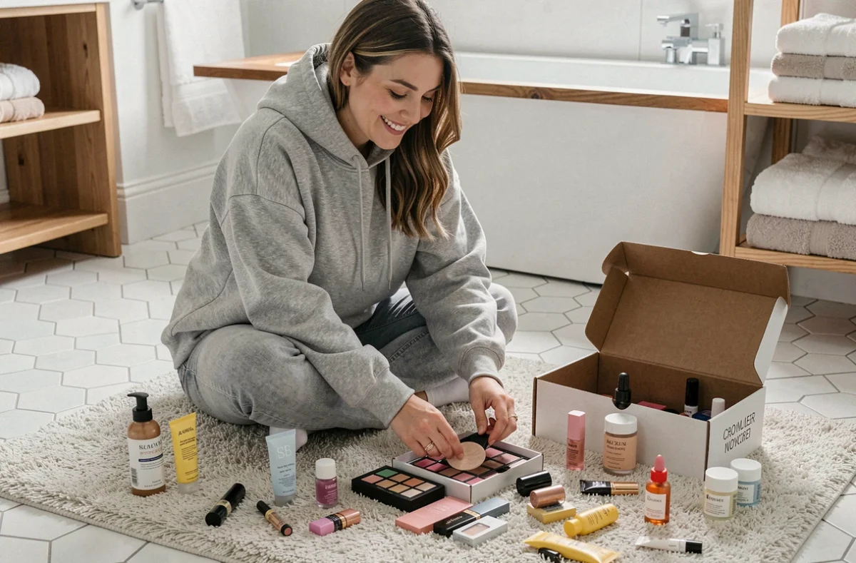 Femme testant des échantillons de produits de beauté issus de sa box beauté assise sur un tapis de salle de bain moderne