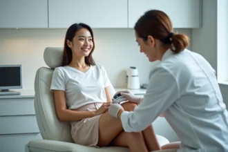 Femme recevant un traitement laser sur les jambes en clinique