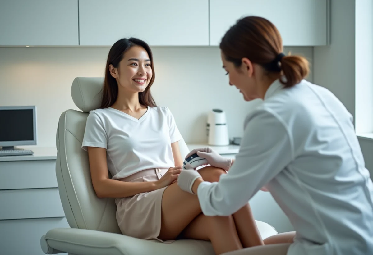 Femme recevant un traitement laser sur les jambes en clinique