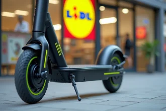 Trottinette électrique verte garée devant un magasin Lidl en milieu urbain
