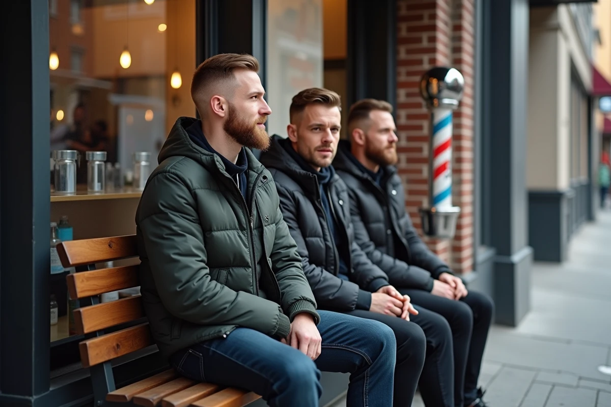 Trois hommes aux morphologies différentes arborant chacun une variante de coupe taper devant un barbershop urbain