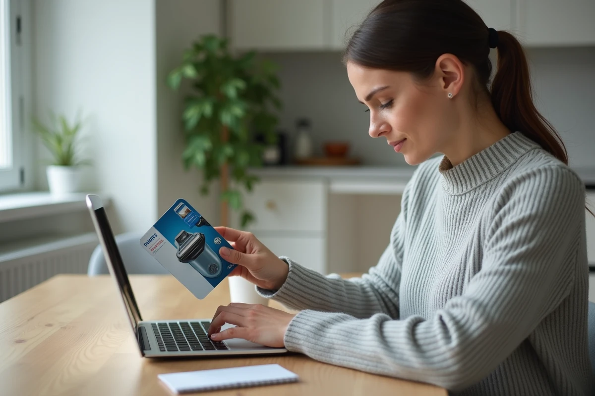 Femme vérifiant la compatibilité d'une lame OneBlade 360 Philips sur ordinateur portable avant un achat en ligne dans une cuisine scandinave