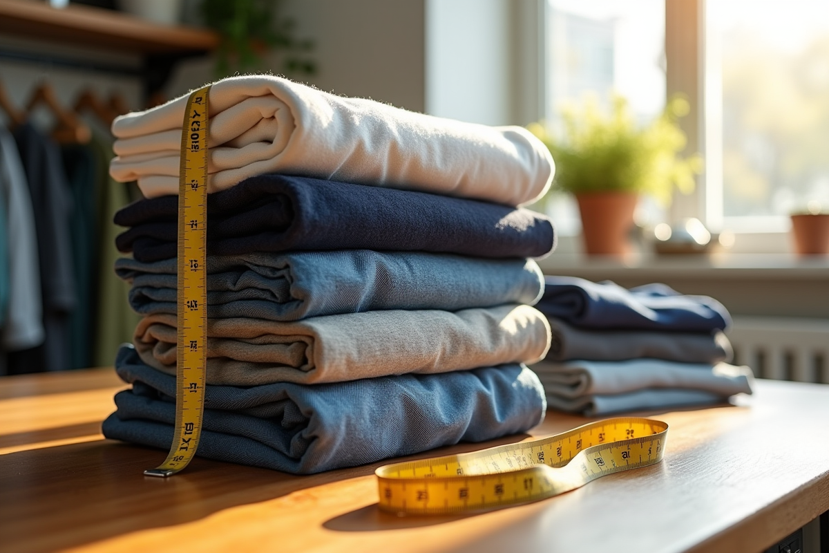 Vêtements en taille XL empiles avec ruban de mesure sur une table en bois