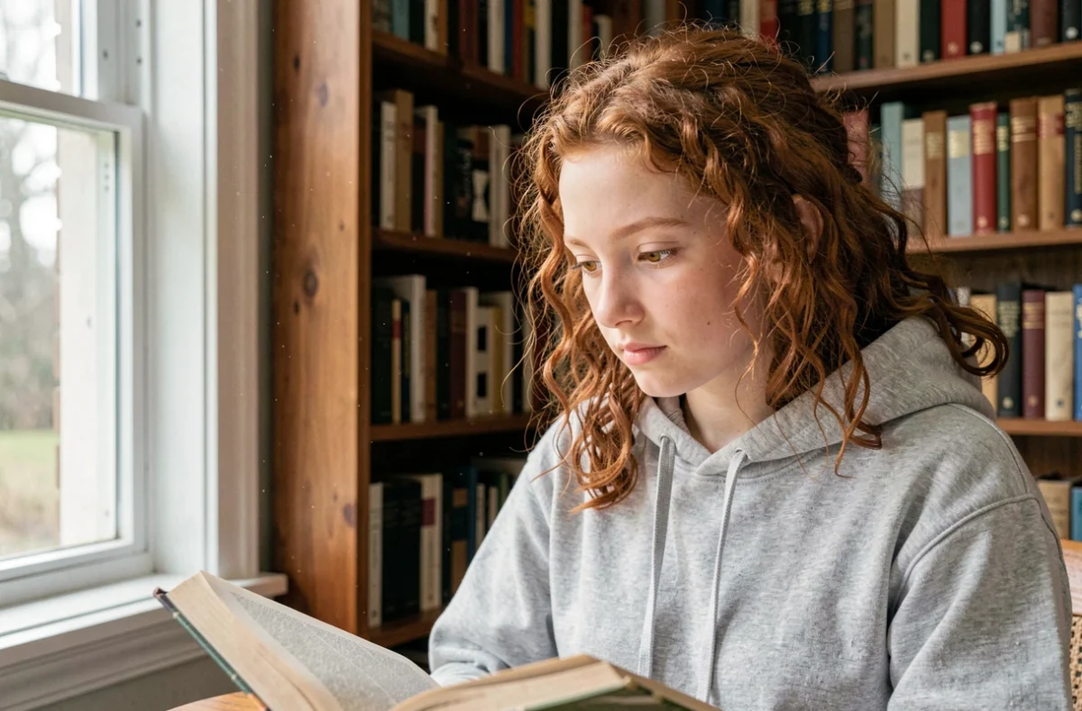 Jeune femme aux yeux jaune ambré avec un liseré vert, assise dans une bibliothèque, illustrant une couleur d'iris rare